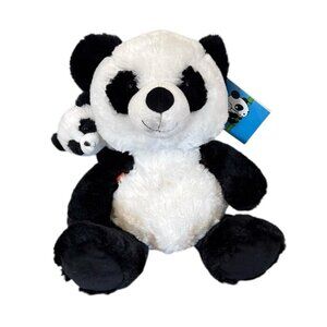 Hugfun Panda With Baby Cub In Pouch Plush Supporting St. Jude  Black And White